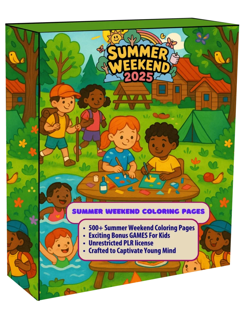 Summer Coloring Pages (PLR) Review: Stack of summer-themed coloring pages with beach, sun, and holiday illustrations