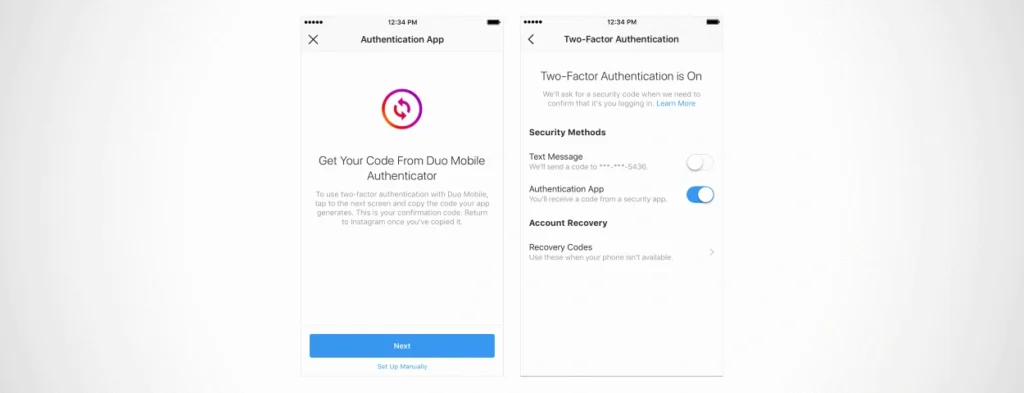 Instagram 2FA settings screen on a smartphone showing authentication options