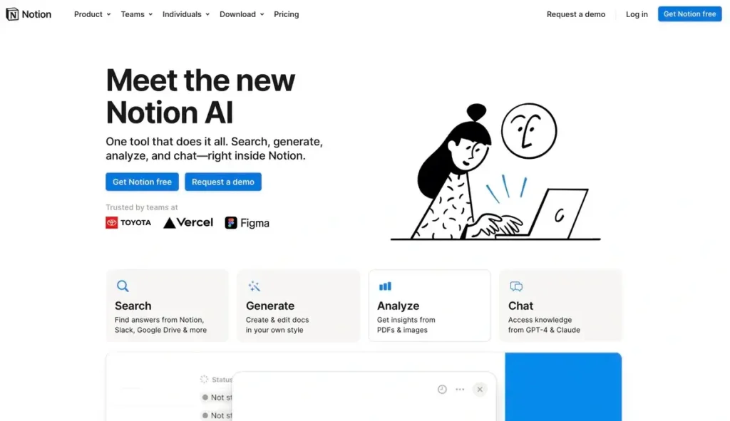 Notion AI assistant interface showing text generation, content summarization, and smart suggestions integrated into a productivity dashboard.

