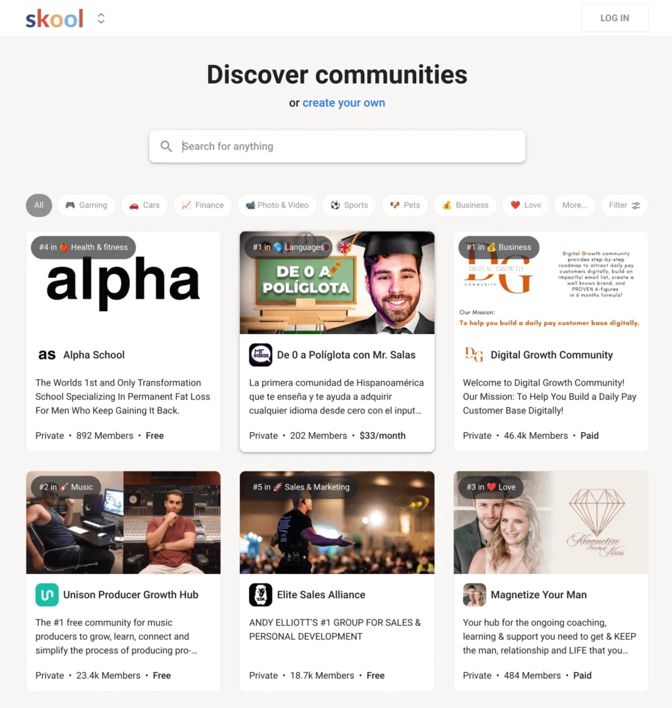 Skool community interface with member discussions, events, and course access