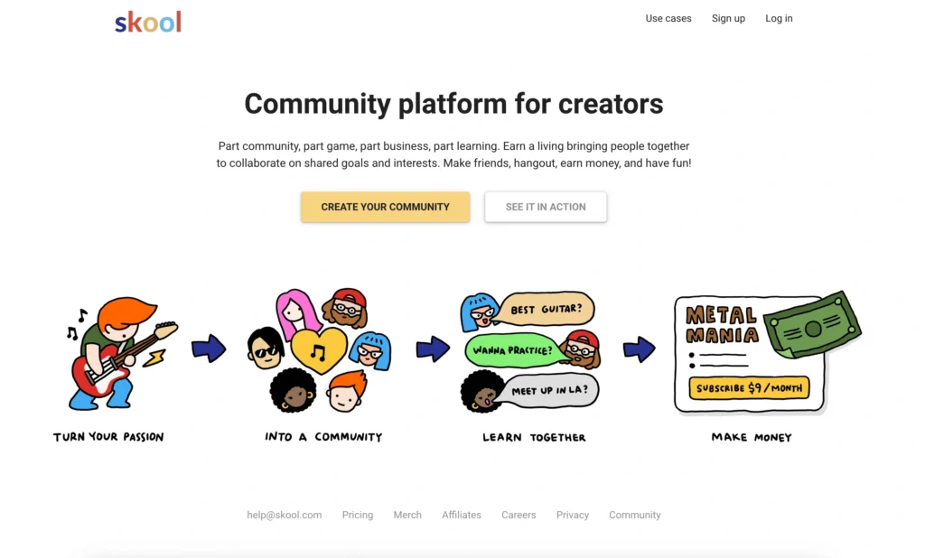 Skool community dashboard with course modules, discussion threads, and member profiles