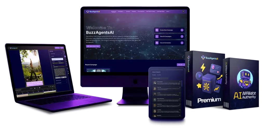 Product overview showing how to use BuzzAgentsAI Premium to create and automate social media content.