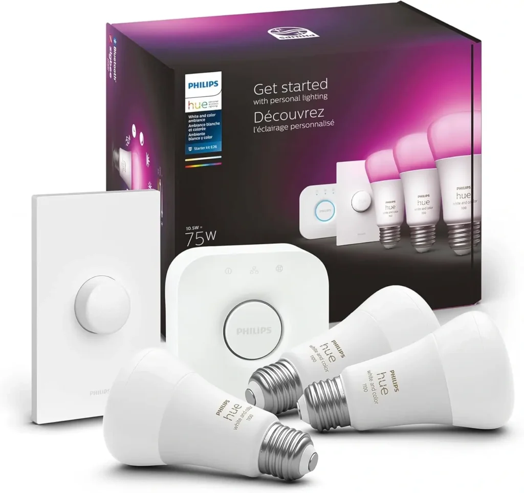 Philips Hue Smart Light Starter Kit - Includes (1) Bridge, (1) Smart Button and (3) Smart 75W A19 LED Bulbs - White and Color Ambiance - 1100LM - E26 - Control with Hue App or Voice Assistant
