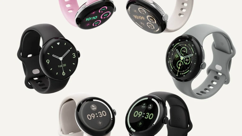 Google Pixel Watch with round display and Fitbit health tracking interface