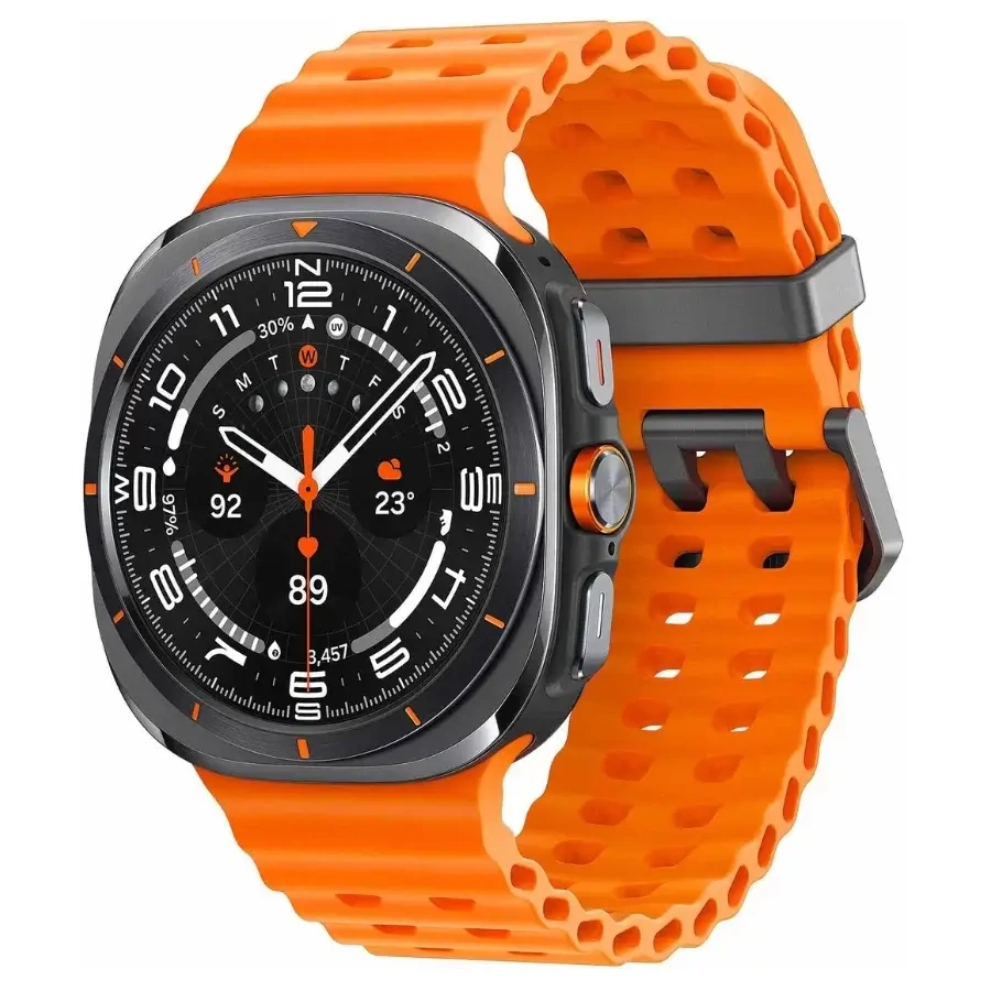Samsung Galaxy Watch Ultra with rugged titanium case and outdoor activity metrics on screen
