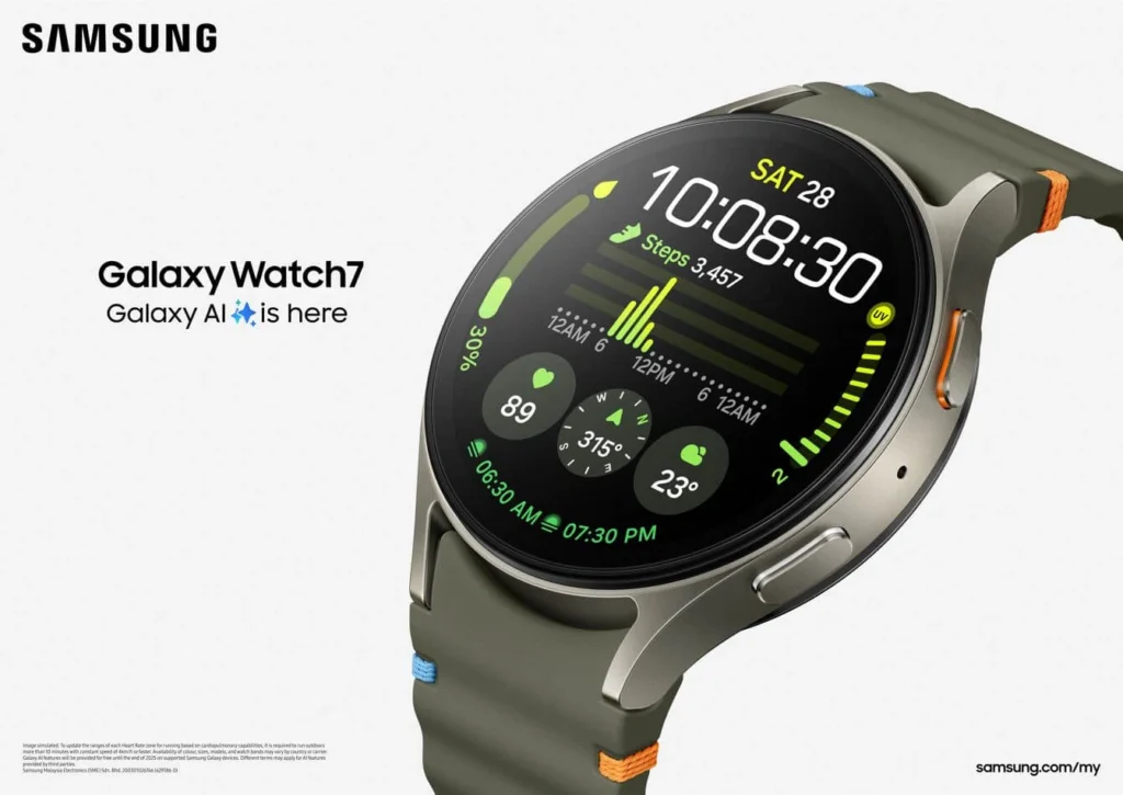 Samsung Galaxy Watch 7 displaying AI health insights, sleep score, and body composition stats