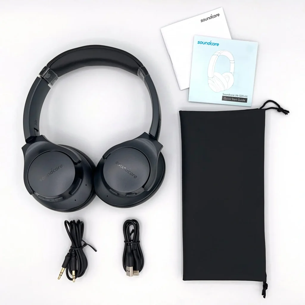 Soundcore Life Q20 over-ear headphones in black, featuring memory foam ear cups, hybrid Active Noise Cancellation (ANC), and Bluetooth connectivity for immersive audio experiences.