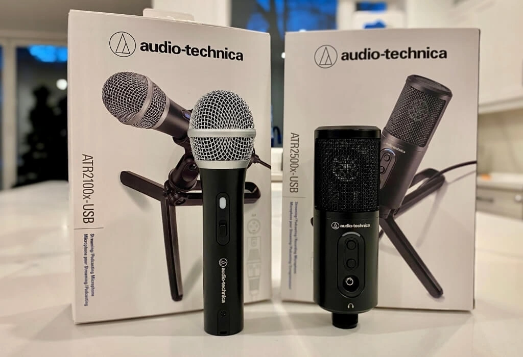 Audio-Technica ATR2100x-USB microphone with USB-C and XLR outputs, cardioid pattern, and foldable desktop stand