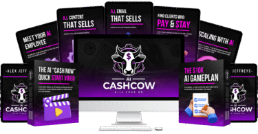 AI Cash Cow Review cover image showing laptop, AI icons, and a user launching a side hustle online.