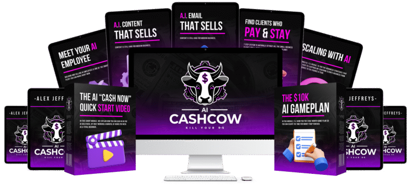 AI Cash Cow Review cover image showing laptop, AI icons, and a user launching a side hustle online.