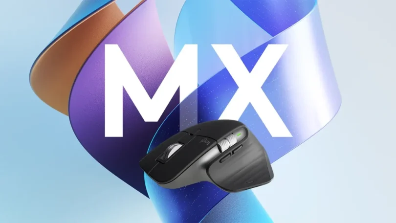 Logitech MX Master 3S Wireless Mouse placed on a modern desk beside a laptop, showcasing its ergonomic design and side scroll wheel.
